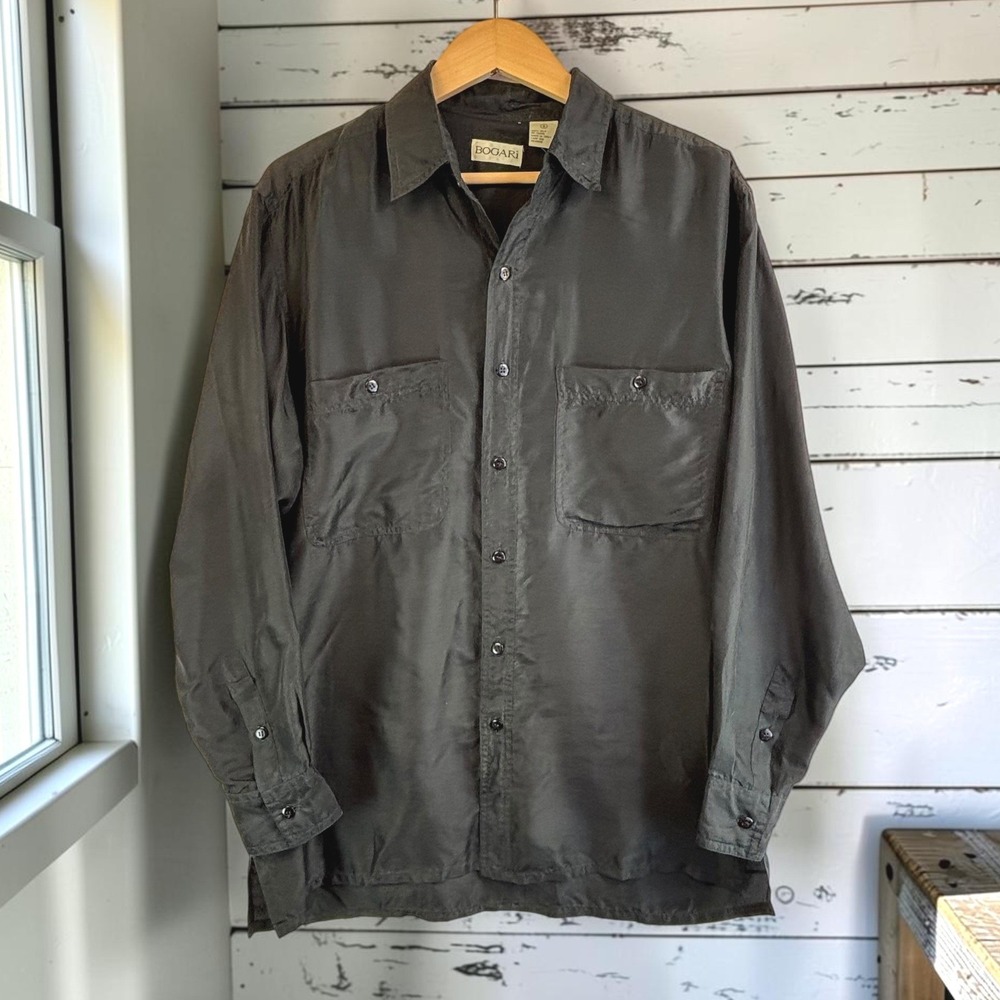 100% Silk Vintage Button Down Shirt Bogari S Black Pocket Long Sleeve Utility